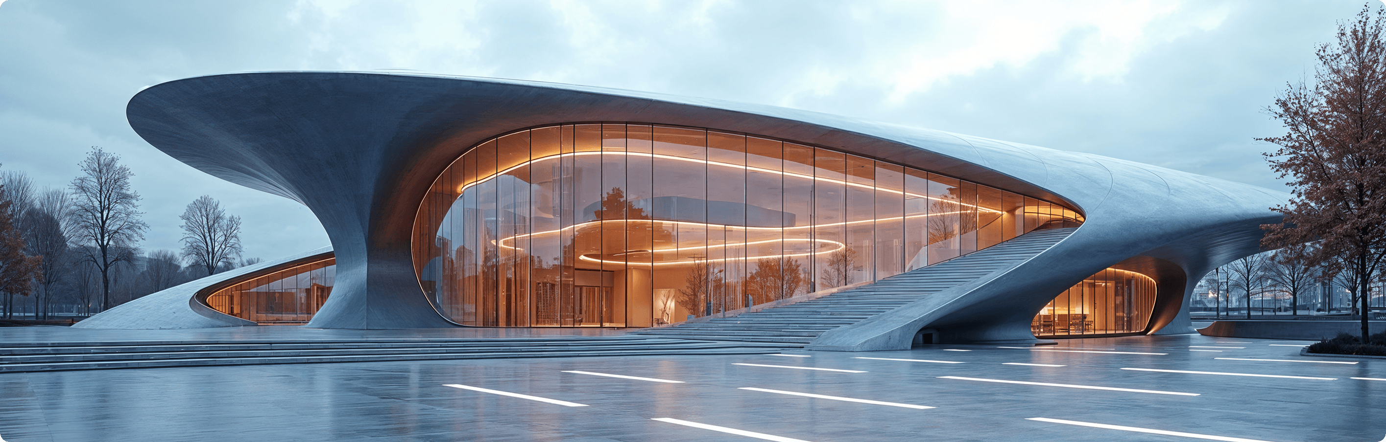 Modern architectural building with flowing concrete forms